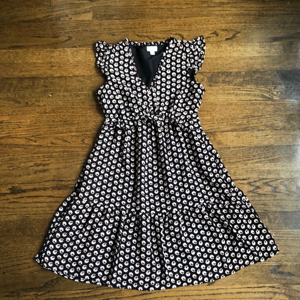 J Crew Lightweight Meshy Cap Sleeve Floral Ruffle  V-Neck Dress with Pockets